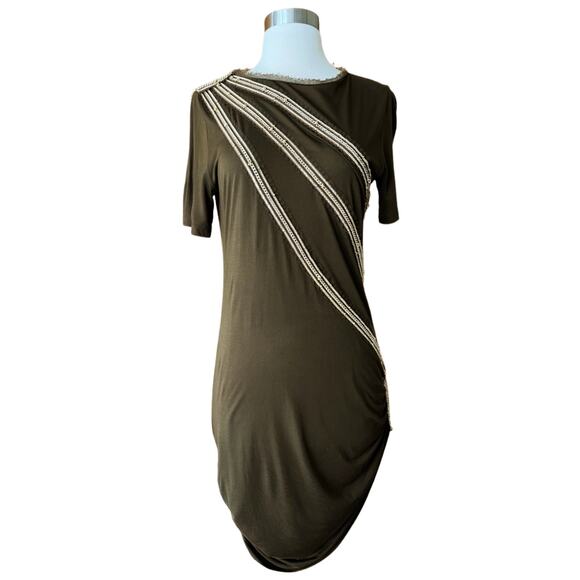 ROBERTO CAVALLI Dress Jersey Chain Embellished Ruched Short Sleeve Green 44 EUC - Picture 12 of 12